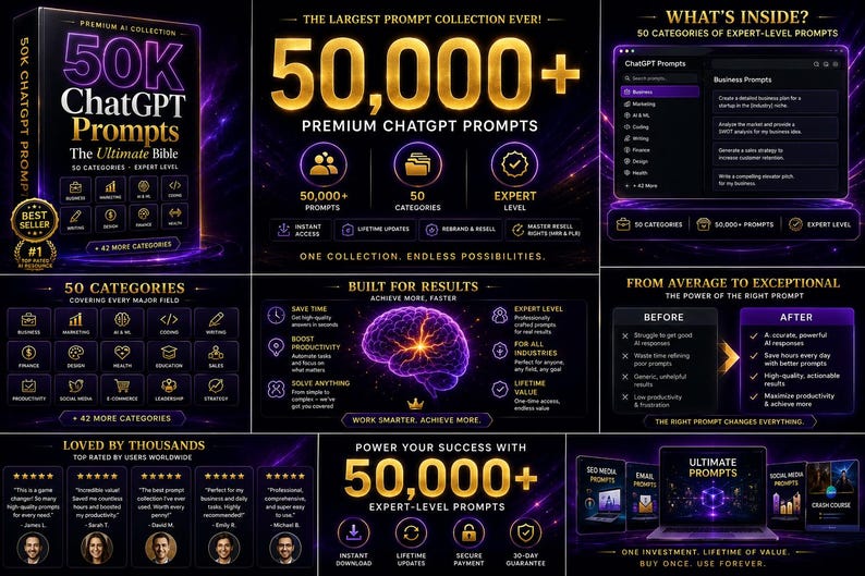 May include: A digital graphic advertising 50K ChatGPT prompts. The design features a dark background with gold and purple accents. Text includes "50,000+ Premium ChatGPT Prompts" and "The Ultimate Bible." It highlights 50 categories and expert-level prompts.
