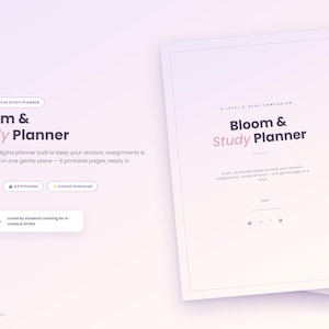 May include: A digital Bloom & Study Planner with a soft gradient background. The text reads Bloom & Study Planner, A-Level & GCSE Study Planner, and includes details about 8 printable pages, A4 size, and instant download options for students.