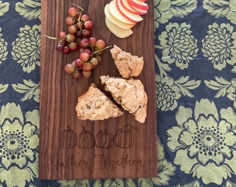 Wood Engraved Cutting Board with Fall Decor Theme, Charcuterie Board with Pumpkins, Autumn Cheese Board in Walnut, Maple, White Oak, Gather