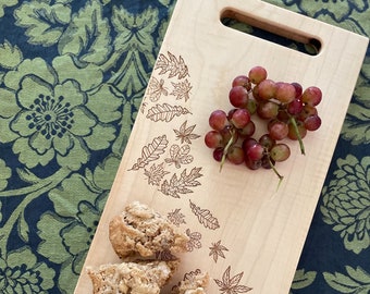 Engraved Cheese Board with Fall Decor Theme, Wood Charcuterie Board with Falling Leaves, Autumn Cutting Board in Walnut, Maple or White Oak