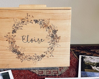Engraved Wooden Photo Keepsake Box Made With Walnut or Maple, Personalized Gift for Christmas, Box for 4x6 or 5x7 Photos, Wildflower Wreath