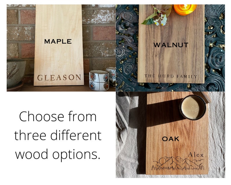 Personalized Cheese Board Gift For Wedding, Engraved Charcuterie Board, Family Cutting Board in Walnut, White Oak and Maple immagine 5