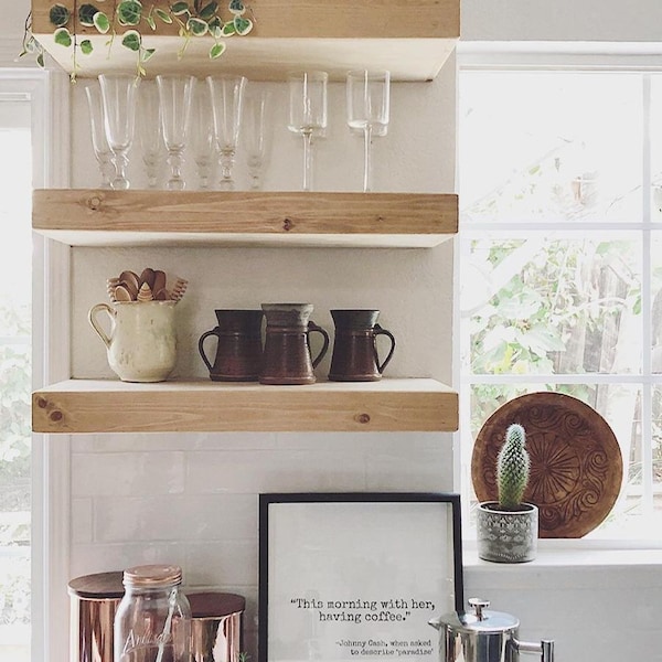 Custom Pine Floating Shelves: Rustic Wood Wall Shelves with Hidden Bracket