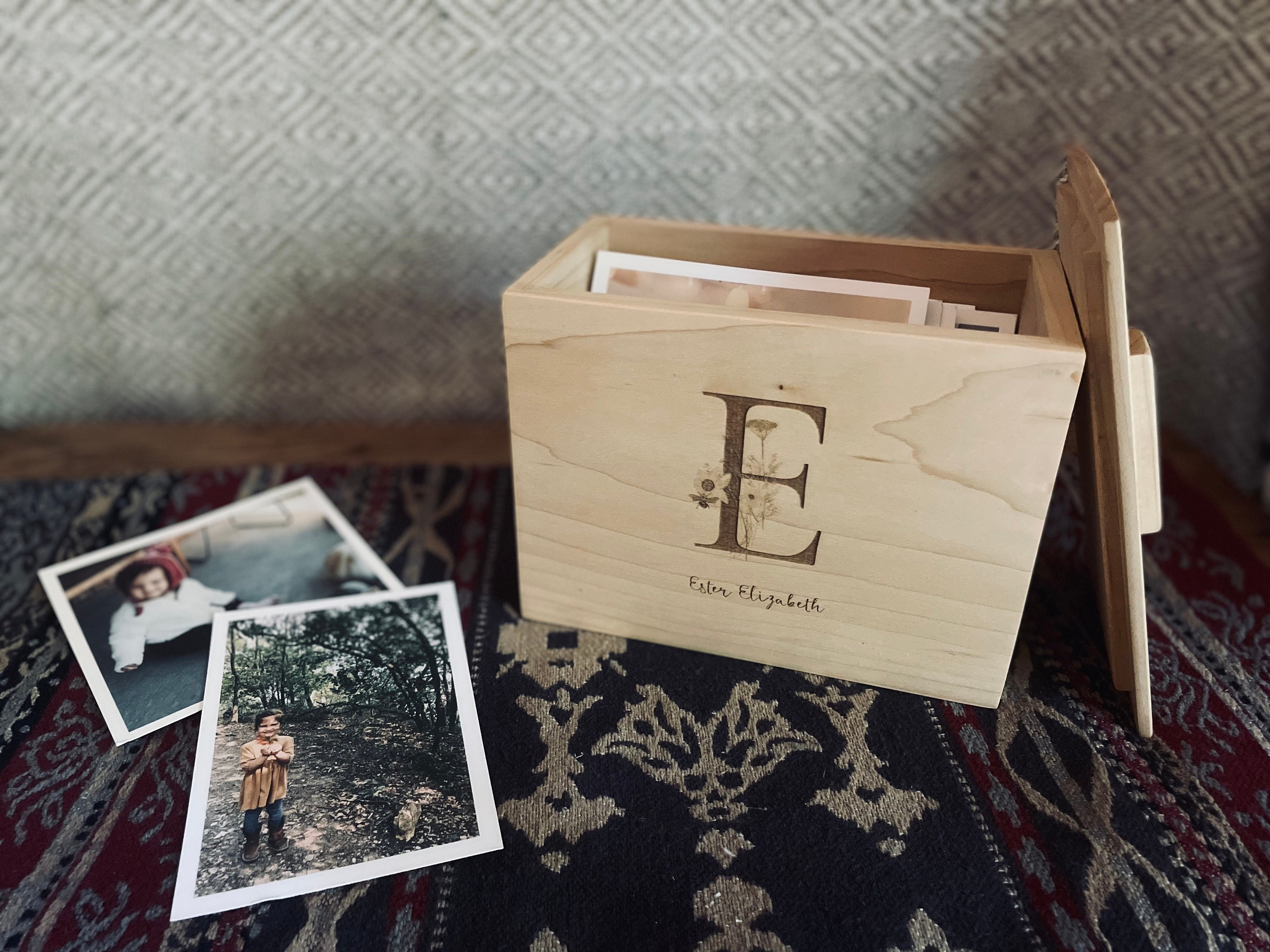 Personalized Wooden Photo Memory Box for New Baby. Engraved Wooden