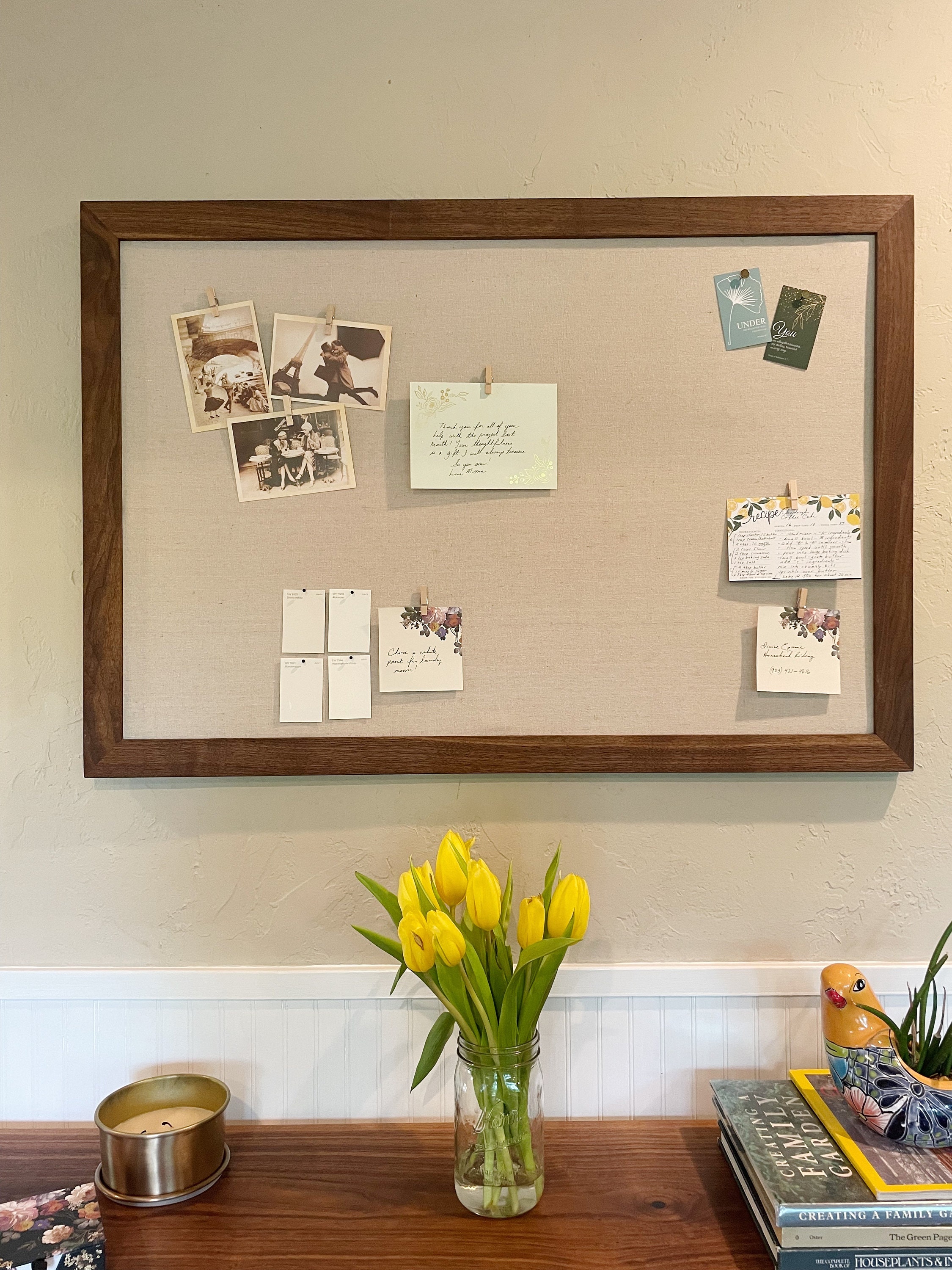 Picture Board With Ribbon SOFE Rustic White Linen Bulletin Board - 28x32 Inch Photo Display Pin Board Decorative Bulletin Board - View #7