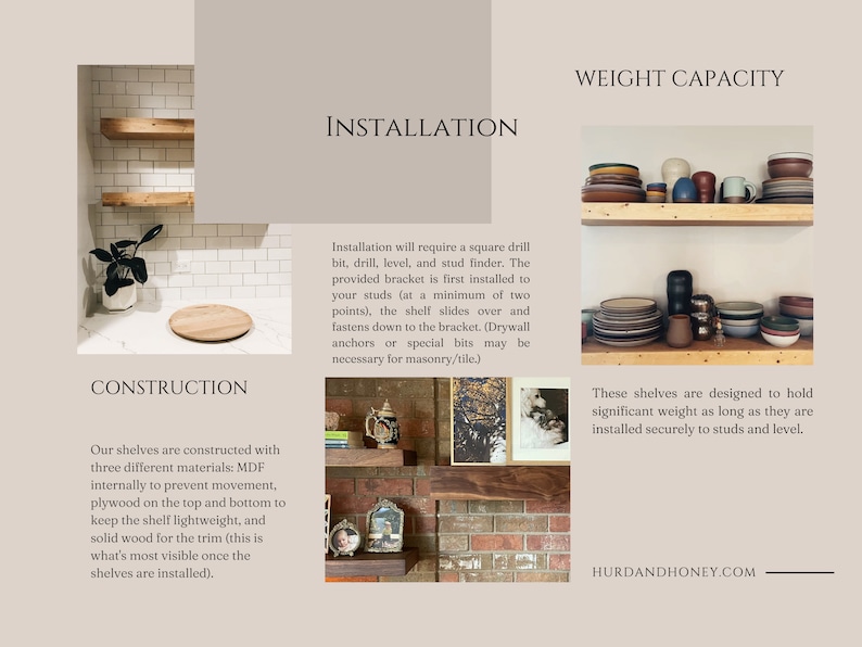 May include: Two wooden shelves with a rustic finish, mounted on a brick wall. The shelves are filled with various ceramic mugs and plates. The text "WEIGHT CAPACITY" is displayed above the shelves. The text "These shelves are designed to hold significant weight as long as they are installed securely to studs and level." is displayed below the shelves. The text "HURDANDHONEY.COM" is displayed at the bottom of the image.