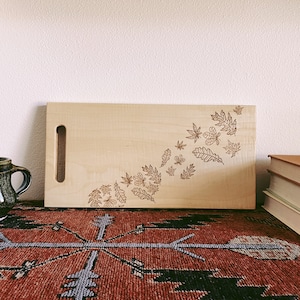 Engraved Cutting Board with Fall Decor, Charcuterie Board with Falling Leaves, Autumn Cheese Board in Walnut, Maple or White Oak