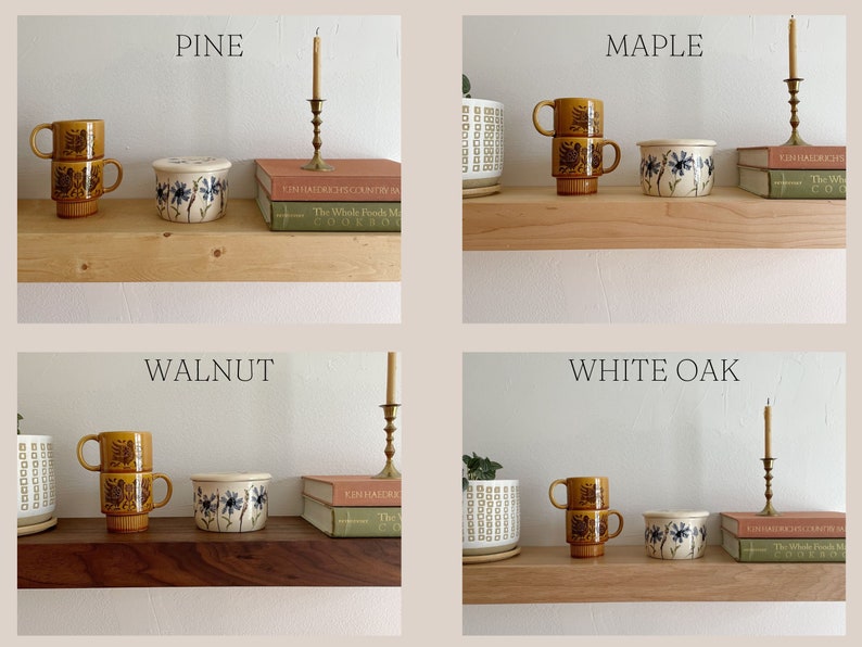 May include: Four shelves with different wood finishes: pine, maple, walnut, and white oak. Each shelf has a stack of two yellow mugs with a brown floral design, a white ceramic container with a blue floral design, and a candle holder with a lit candle.