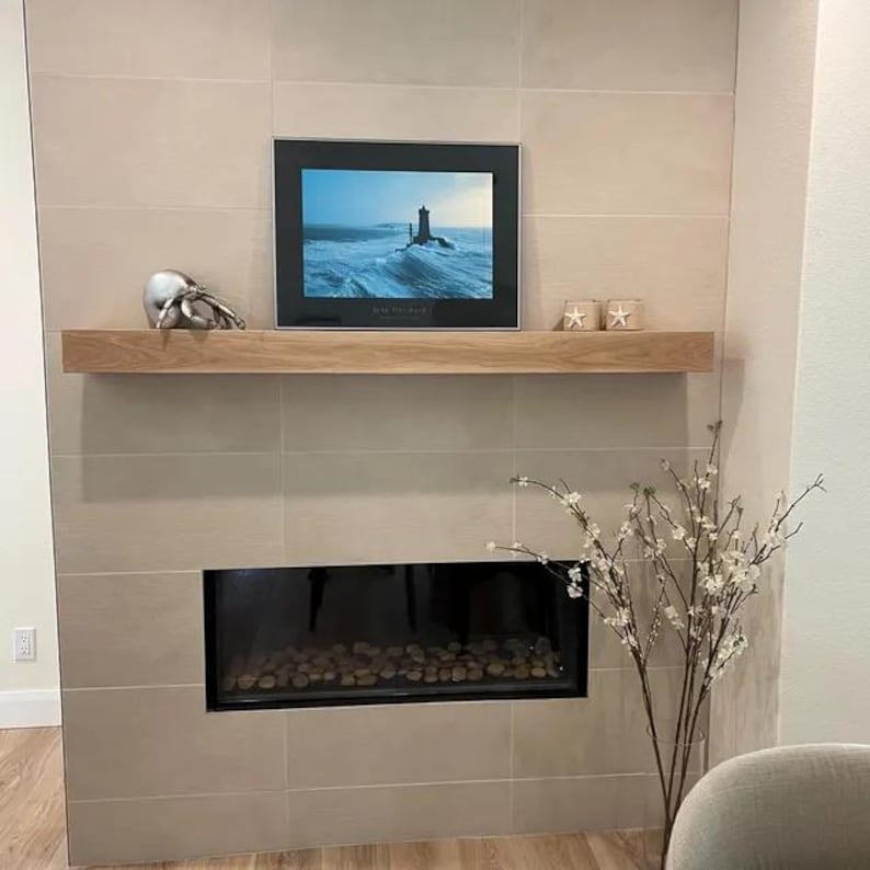 White Oak Fireplace Mantel with Bracket: Floating Wood Shelf - Decorative Shelf image 7