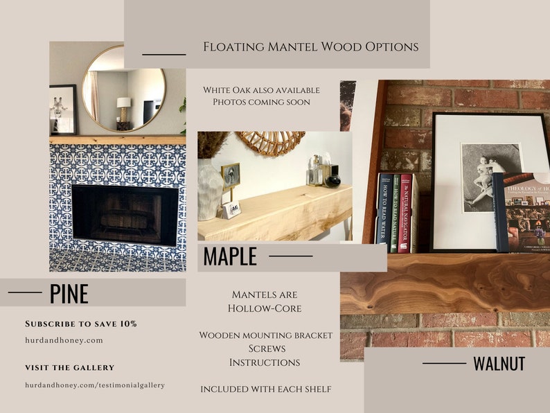 White Oak Fireplace Mantel with Bracket, Wood Floating Mantel for Fireplace, Heavy Duty Mantel Shelf in Walnut, White Oak, Maple, and Pine image 3