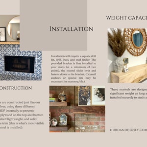 May include: A wooden mantel shelf with a light wood finish. The shelf is mounted on a brick wall and has a mirror and dried flowers on top. The text "WEIGHT CAPACITY" is at the top of the image. The text "These mantels are designed to hold significant weight as long as they are installed securely to studs and level." is below the shelf. The text "HURDANDHONEY.COM" is at the bottom of the image.