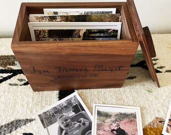 Personalized Photo Box for Baby. Engraved Wooden Photo Keepsake Box in Walnut or Maple. Custom Box for Baby Photos.