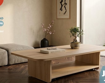 Japandi Mobile Coffee Table CNC Plan | Minimalist Low Table for Small Apartments | Hidden Dog-bone Joinery Plywood 18mm Digital DXF SKP