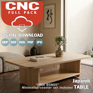May include: A light wood Japandi style table with a lower shelf. The table has rounded corners and is in a room with a bonsai tree and a framed artwork. The image includes the text "CNC FULL PACK DIGITAL DOWNLOAD" and "Japandi TABLE".