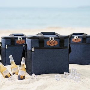 Custom Monogram Cooler Bag, Personalized Insulated Lunch Tote, Engraved Leather Patch Beer Cooler, Reusable Thermal Cooler Bag