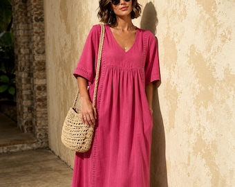 Vestido largo de algodón y lino con escote en V / Estilo bohemio fluido e informal, vestido de verano de corte holgado