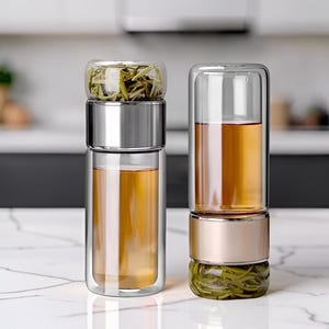 Peut inclure: Deux infuseurs à thé en verre à double paroi. L'un a une bande argentée et est rempli de thé et de feuilles de thé en vrac. L'autre a une bande dorée et est rempli de thé et de feuilles de thé en vrac. Le thé est de couleur ambre.