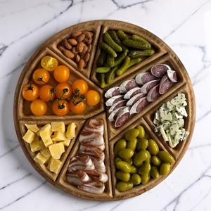 May include: A round wooden serving tray divided into six triangular compartments, each filled with different food items including almonds, pickles, yellow cherry tomatoes, sliced salami, blue cheese, bacon strips, and green olives.