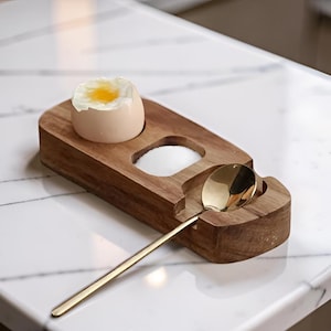 Wooden Egg Cup Holder with Salt Well & Spoon Rest, Acacia Soft Boiled Egg Stand, Minimalist Breakfast Tray, Foodie Housewarming Gift