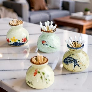 Ceramic Toothpick Holder, Hand Painted Mini Cotton Swab Pot, Japanese Style Stoneware Bathroom Vanity Organizer, Rustic Kitchen Counter