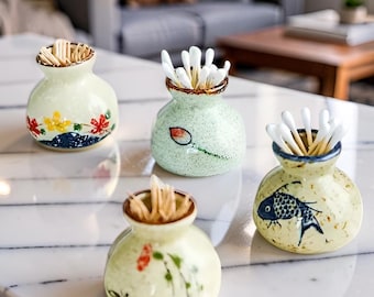 Porta stuzzicadenti in ceramica, mini contenitore per cotton fioc dipinto a mano, organizer da bagno in gres in stile giapponese, bancone da cucina rustico
