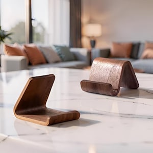 Puede incluir: Dos soportes de madera curvada con un acabado liso de color marrón oscuro. Cada soporte presenta un diseño sencillo de madera doblada con una base plana y un borde de apoyo en ángulo, diseñado para sostener objetos o dispositivos.