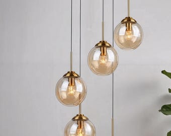 Modern Luxury Glass Globe Chandelier - Japandi Creative Pendant Ceiling Light - Amber Sphere Hanging Lamp, Minimalist Living Room Decor