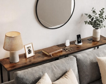 Extra Long Narrow Sofa Table with Power Outlet | Japandi Minimalist Entryway Furniture