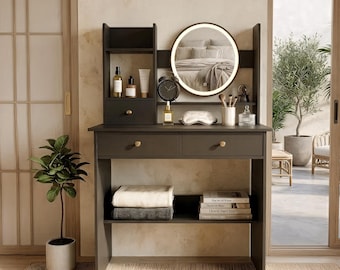 Japandi Vanity Desk with LED Lighted Mirror, Modern Bedroom Dressing Table Drawers Shelves