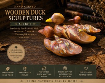Hand-Carved Wooden Duck Sculptures Set | Folk Art Oak Leaf Acorn Decor