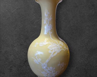 Vintage Jingdezhen Pâte-Sur-Pâte Porcelain Bud Vase – Chinese Cherry Blossom Relief Vase – Cream Floral Ceramic Vase – 1940s–1950s
