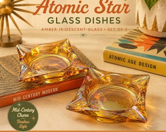 Vintage Amber Iridescent Glass Dishes | Atomic Star Catchall Trays, MCM Decor