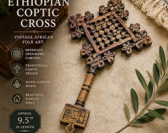 Hand-Carved Ethiopian Style Coptic Cross | Vintage African Folk Art | Openwork Christian Wall Decor