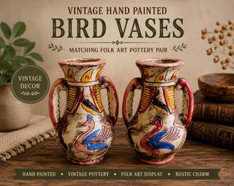 Vintage Pair of Hand-Painted Folk Art Pottery Bird Vases