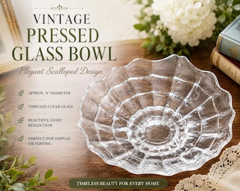 Vintage Pressed Glass Scalloped Bowl | 8 Inch Clear Serving Dish