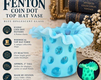 Vintage Fenton Blue Opalescent Coin Dot Top Hat Vase UV Reactive Aqua Glass Ruffled Rim Mid Century Art Glass