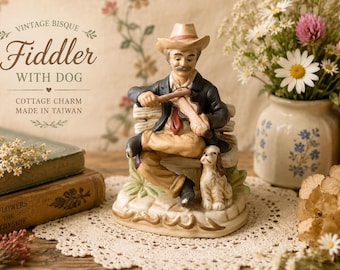 Vintage Bisque Fiddler Figurine with Dog | Cottagecore Rustic Decor Made in Taiwan