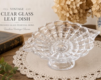 Vintage Clear Glass Leaf Dish | Pressed Pedestal Bonbon Bowl