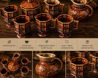 Vintage Japanese Stoneware Coffee Set | 7-Piece Octagonal MCM Boho Japandi Service