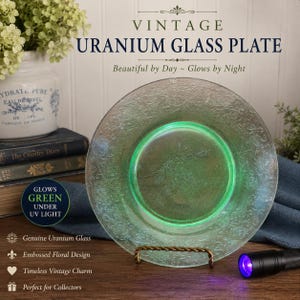 Vintage Uranium Glass Plate | Glows Bright Green Under UV Light | Depression Glass Floral Pattern | Vaseline Glass Collector Piece