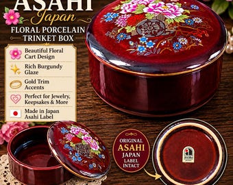 Vintage Asahi Japan Floral Porcelain Trinket Box, Burgundy Gold Trim Keepsake Box