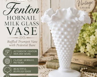 Vintage Fenton Hobnail Milk Glass Trumpet Vase | Ruffled Edge Pedestal Centerpiece