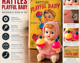 Vintage Japan SK Toys Playful Baby Wind Up Mechanical Toy Rattles Original Box 1950s 1960s