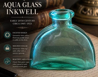 Antique Aqua Glass Inkwell | Faceted Art Deco Desk Accessory (Circa 1905-1925)