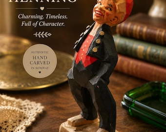 Whimsical Hand-Carved Norwegian Gentleman Figurine | Signed Henning Folk Art Sculpture | Mid-Century Scandinavian Wooden Carving