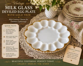 Vintage Milk Glass Deviled Egg Plate, Gold Trim, Mid-Century Serving Platter