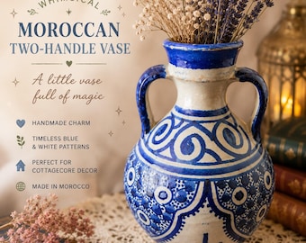 Hand-Painted Moroccan Two-Handle Vase | Blue White Pottery, Boho Mediterranean Decor