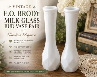 Vintage E.O. Brody Milk Glass Bud Vases | Mid-Century Pair, USA Made