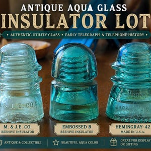 Peut inclure: Trois isolateurs en verre aqua antique disposés en rangée. Celui de gauche porte l'inscription M. & J. E. CO., celui du centre un B en relief, et celui de droite est marqué HEMINGRAY-42 MADE IN U.S.A. Chaque pièce a une forme de ruche.