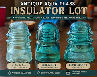 Antique Aqua Glass Insulators Lot – Hemingray-42, M&J.E.Co., Embossed B Beehive